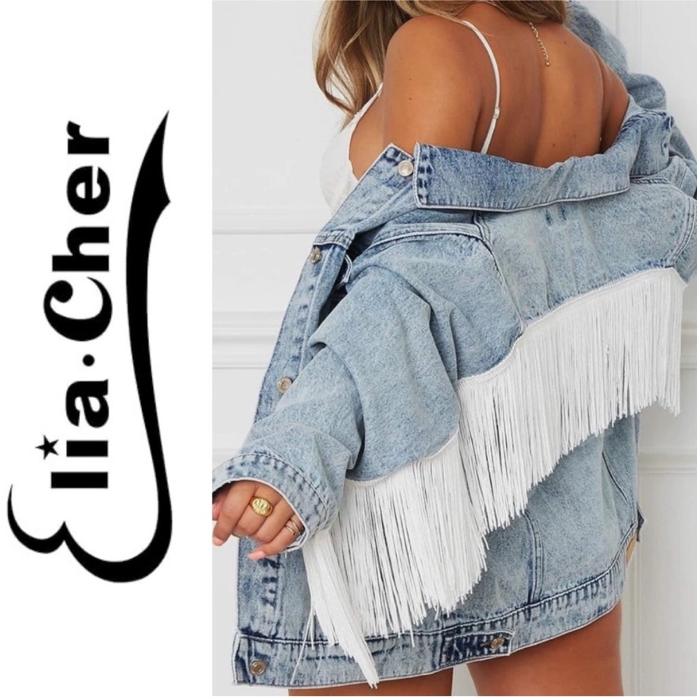 Elia-Cher 16-18 oversized light denim jacket white fancy fringed back & sleeves